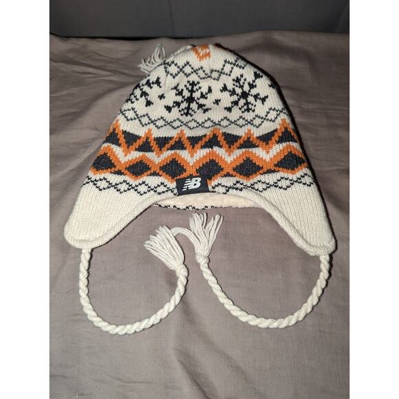 NEW BALANCE beanie earflaps tassels snowflakes off white orange blue - Picture 1 of 9